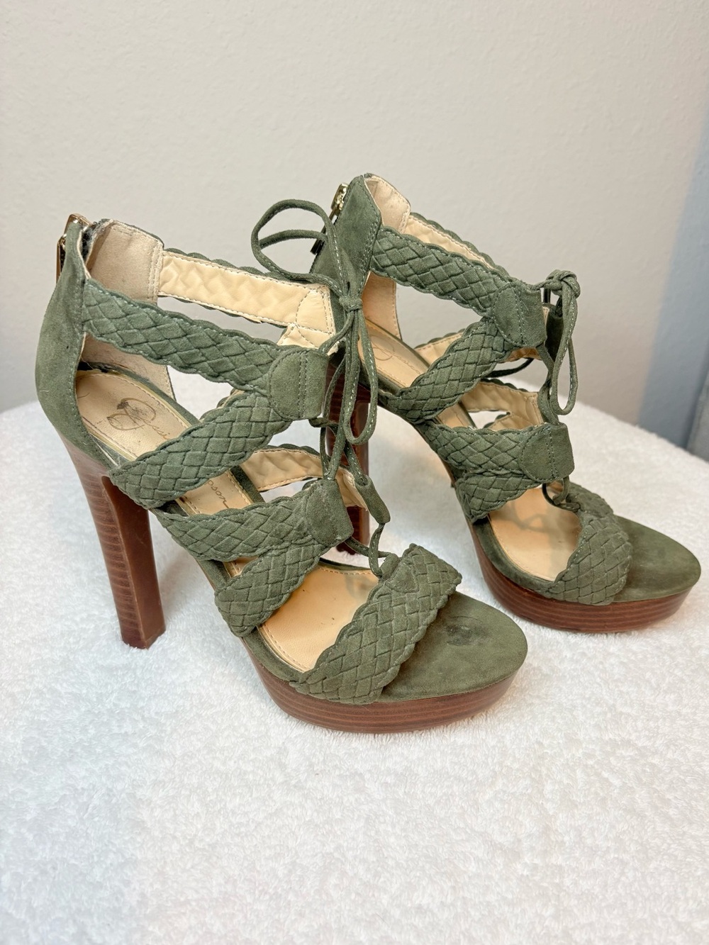 Olive Green Braided Lace-Up High Heel Sandals Jessica Simpson